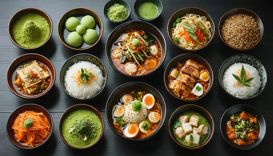 Asian-inspired CBD-infused dishes like matcha mochi and ramen displayed on a table