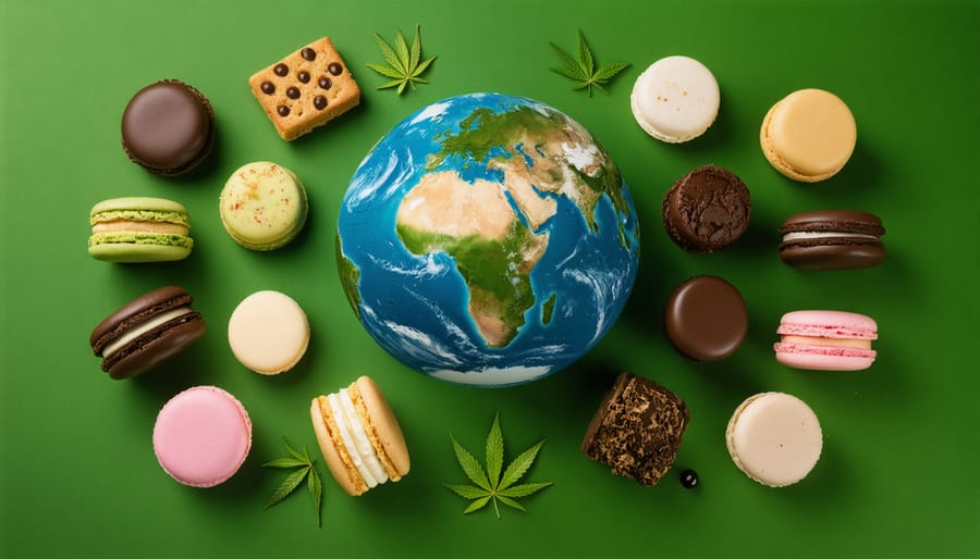 A colorful display of CBD-infused international treats including Italian biscotti, Japanese matcha mochi, Belgian chocolates, and French macarons, set against a globe backdrop.