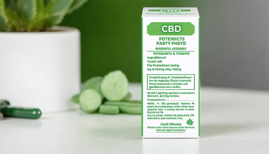 Detailed view of CBD product label showing testing certification and ingredient information