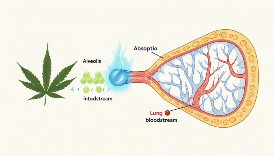 Anatomical illustration of CBD vapor molecules entering bloodstream through lung tissue