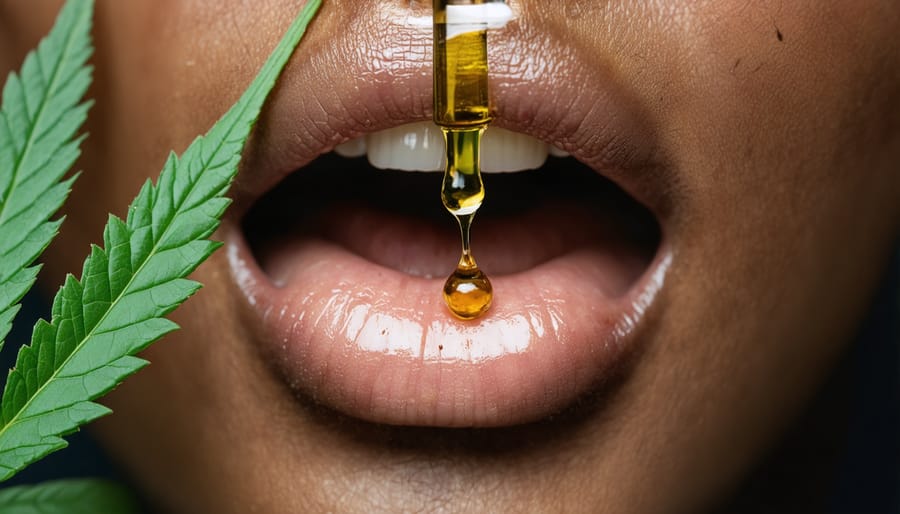 Person using CBD oil tincture with dropper under the tongue