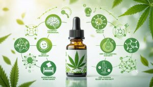 Conceptual illustration depicting CBD oil surrounded by icons for its various health benefits, including neurological health, mood improvement, sleep quality, pain relief, and natural origin, with a scientific background.