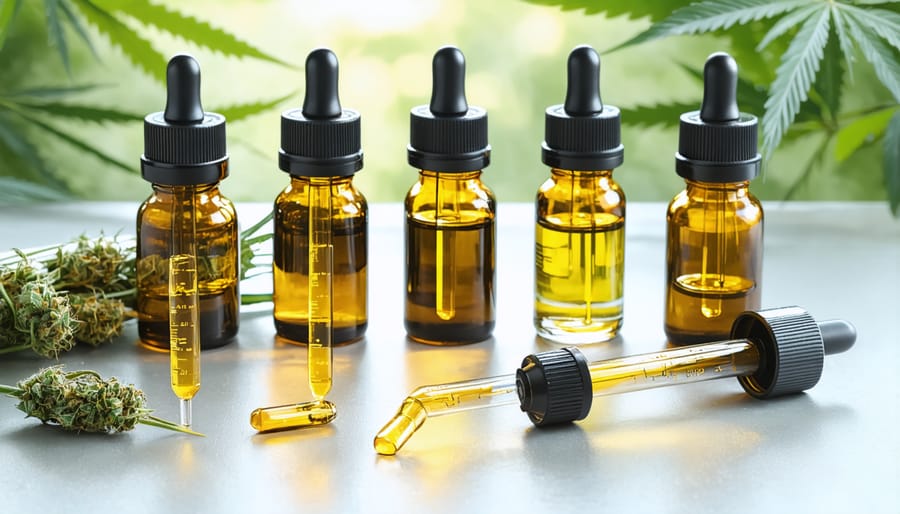 Collection of CBD oil bottles with dosage measurement tools