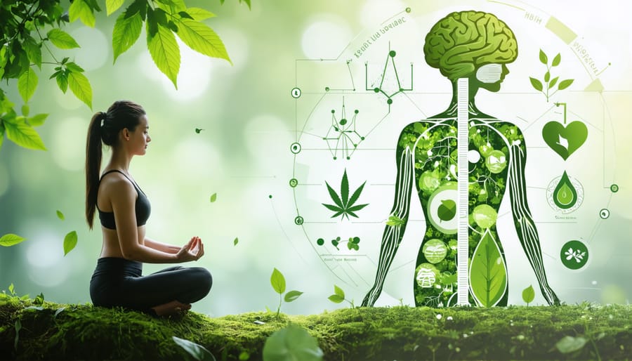 Conceptual illustration featuring wellness symbols and the endocannabinoid system, highlighting the health benefits of CBD oil.