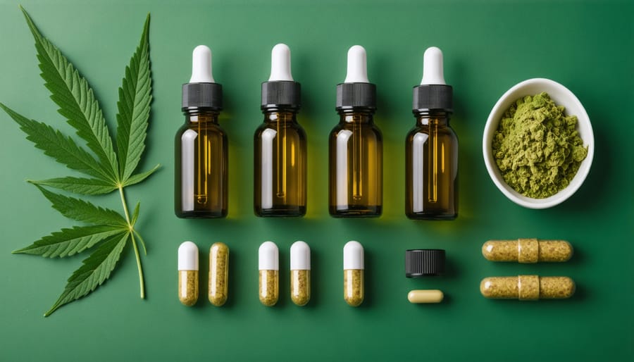 Different CBD product formats displayed including tinctures, creams, gummies, and capsules