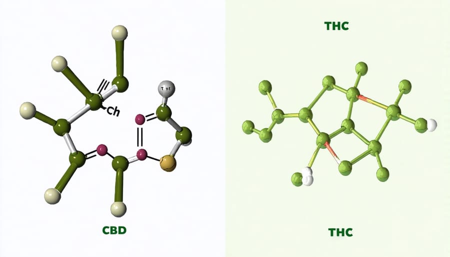 Molecular structure diagrams of CBD and THC molecules showing their chemical differences