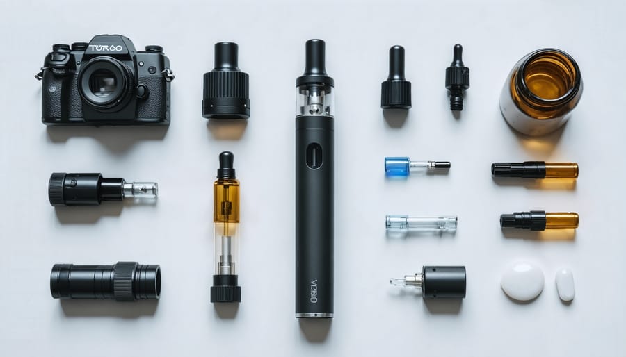 Exploded view of CBD vape device showing battery, tank, coil, and other components