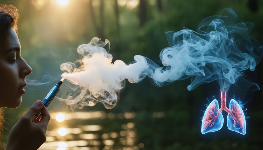 Person exhaling vapor from a CBD vape pen in a tranquil park setting, with transparent overlay showing lung alveoli for absorption illustration.