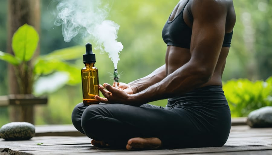 Individual using CBD vape pen during relaxation session with peaceful background