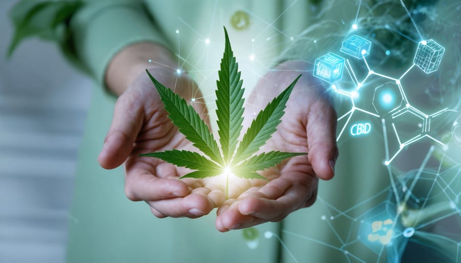 An artistic representation showing hands holding a cannabis leaf with an overlay of a glowing endocannabinoid system, symbolizing the connection between CBD and natural wellness.