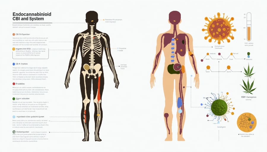 Diagram of the human endocannabinoid system showing receptor locations and signaling pathways